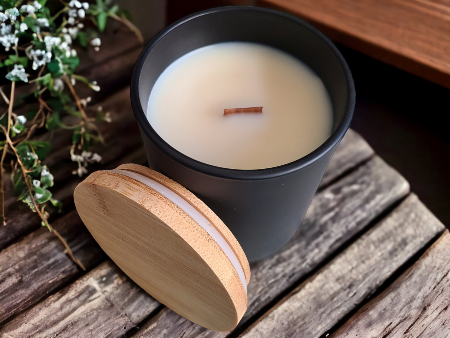 MATTE BLACK GLASS CANDLE WITH WOOD LID - CHOOSE YOUR FAVORITE SCENT -  Cottage Candle Co (TM)