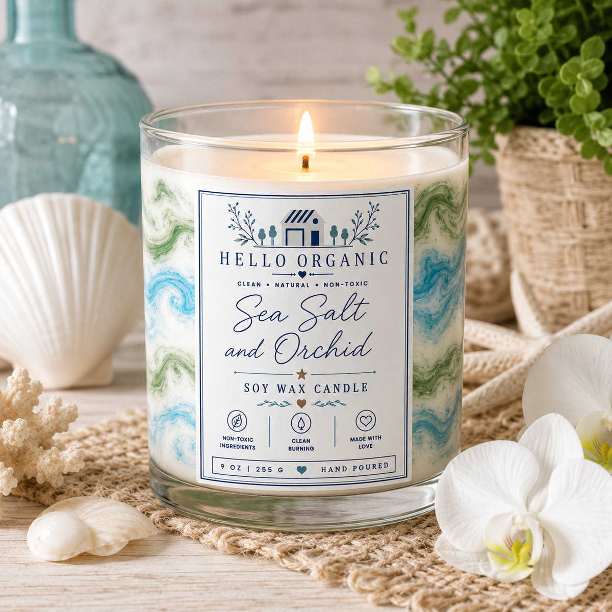 Sea Salt & Orchid Hand Poured Non Toxic Candle 9 oz