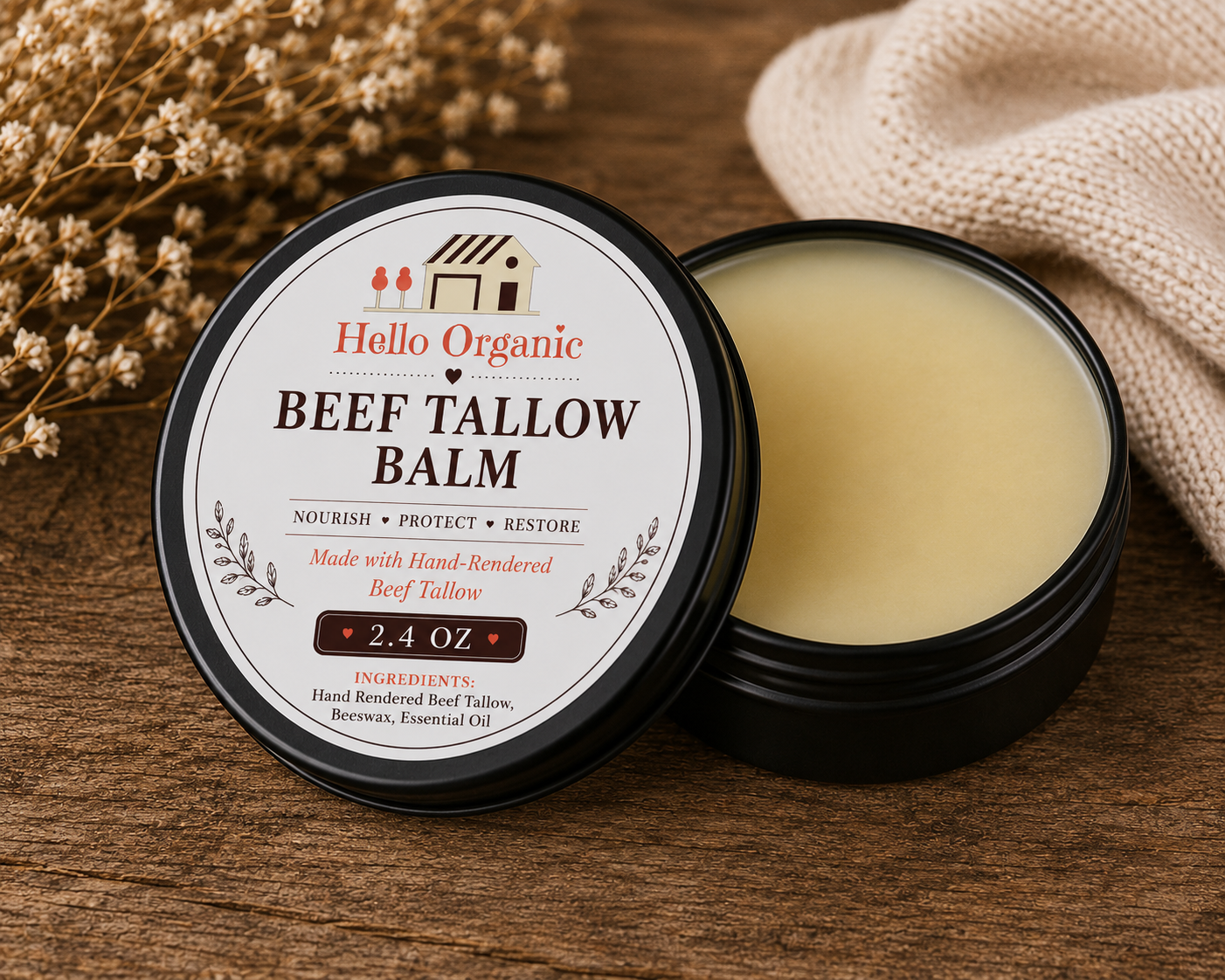 Hello Organic Unscented Beef Tallow Balm (2.4 oz)
