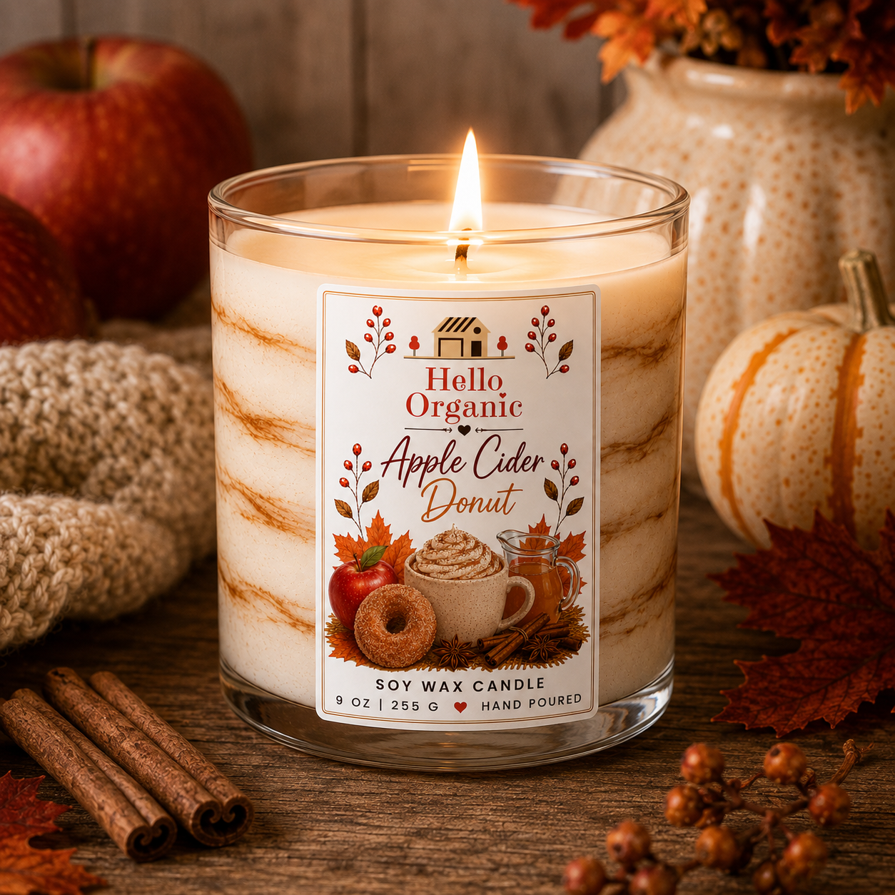 Apple Cider Donut Hand Poured Non Toxic Candle 9 oz