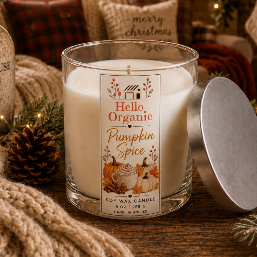 Hello Organic Pumpkin Spice Hand-Poured Non-Toxic Soy Wax Candle – 9 oz