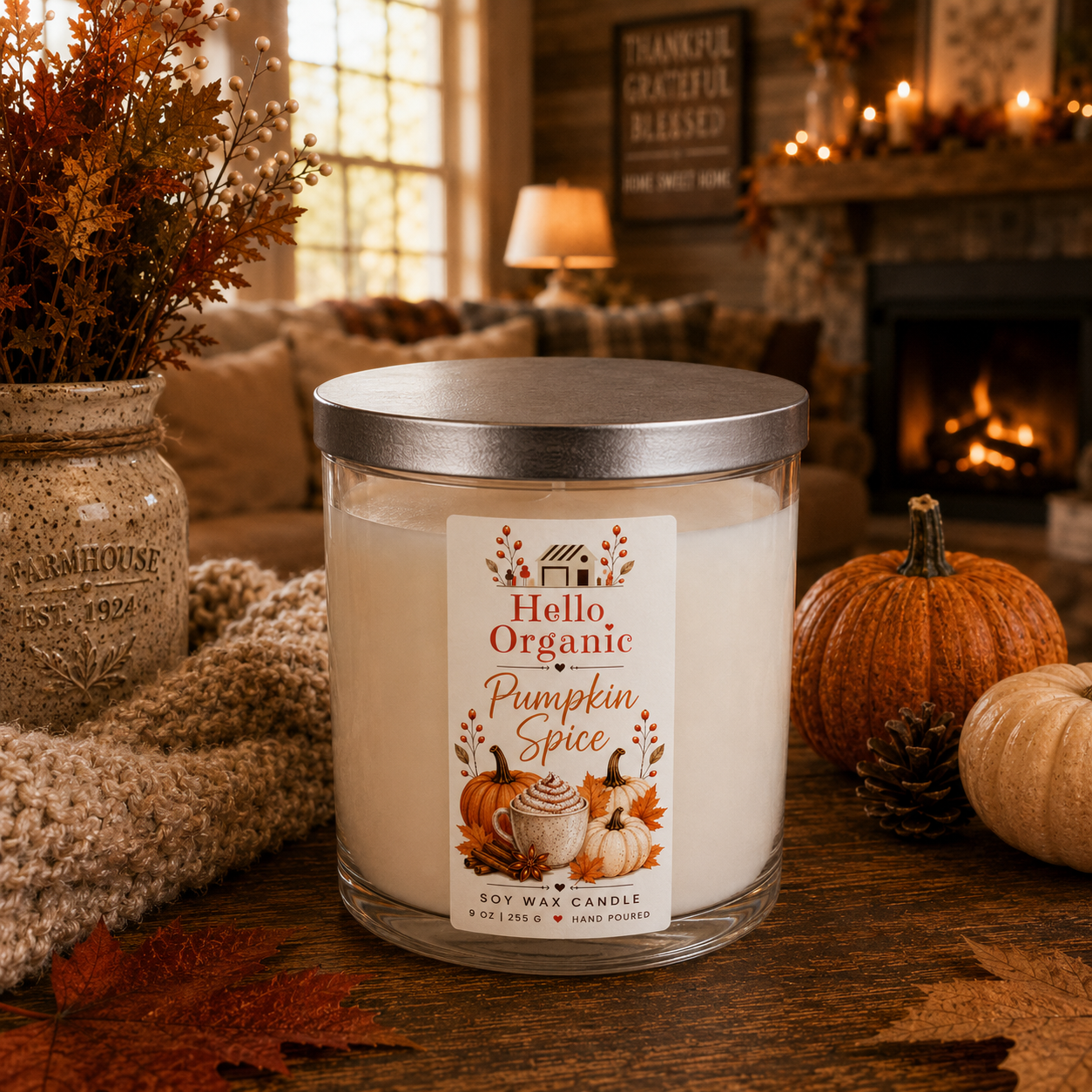 Hello Organic Pumpkin Spice Hand-Poured Non-Toxic Soy Wax Candle – 9 oz