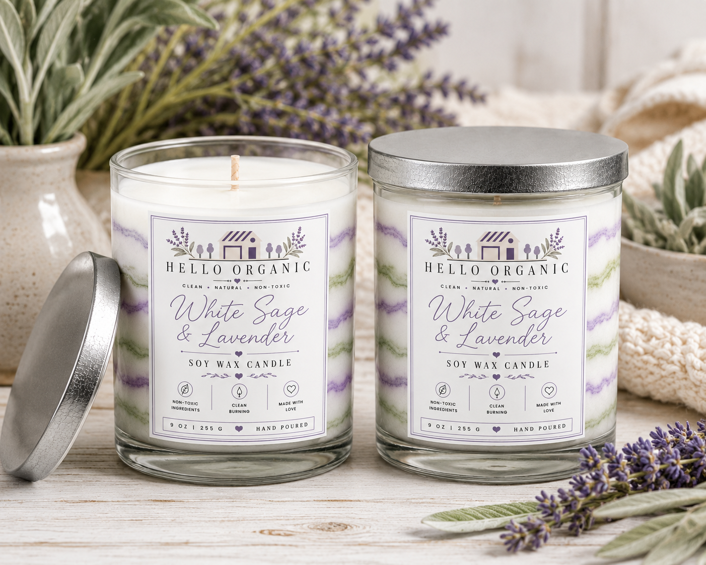 White Sage & Lavender Hand Poured Non Toxic Candle 9 oz