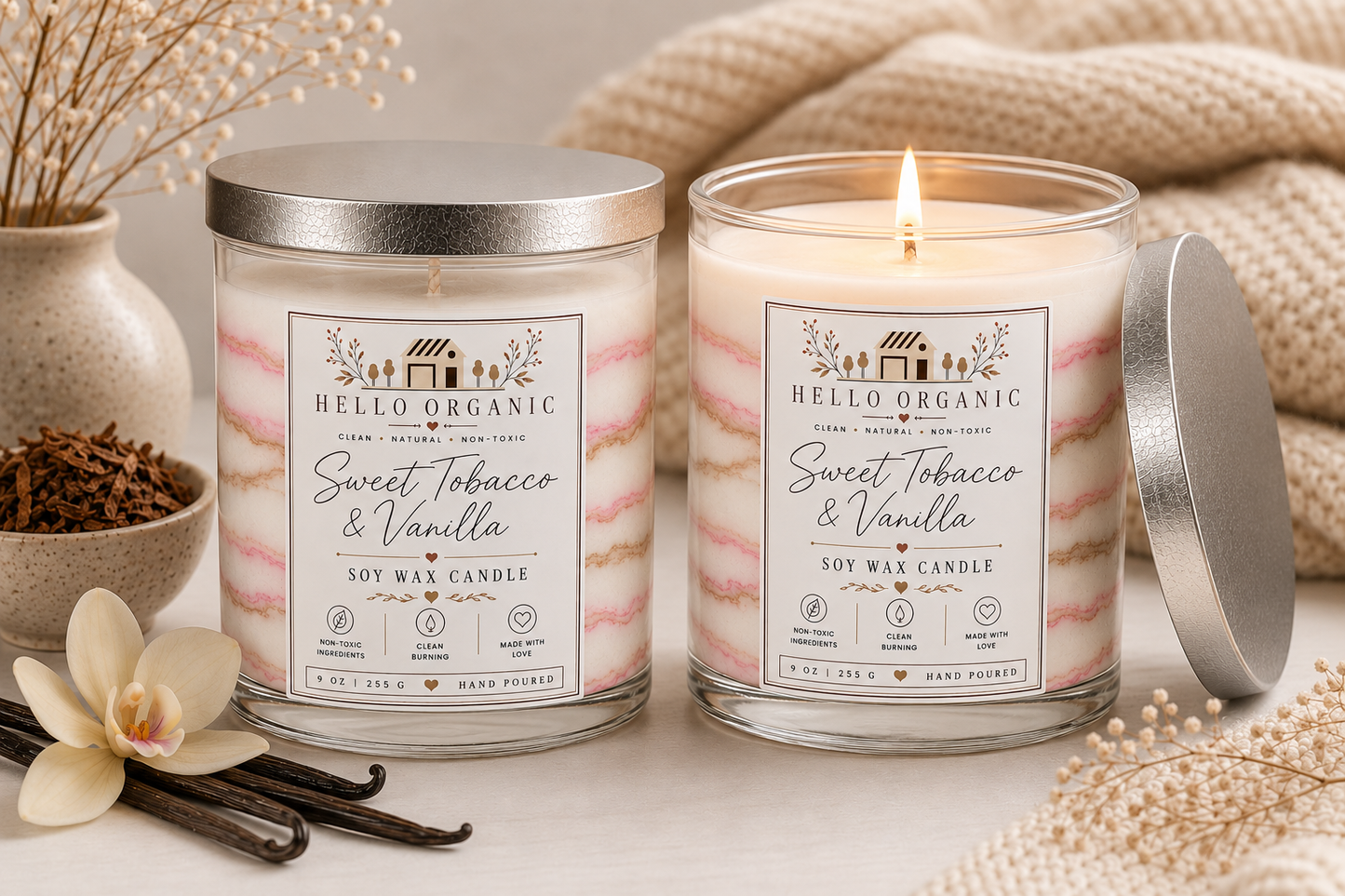 Sweet Tobacco & Vanilla Hand Poured Non Toxic Candle 9 oz