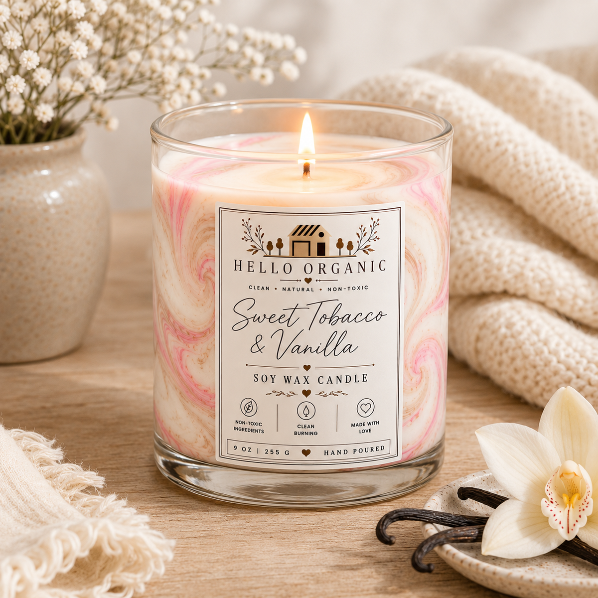 Sweet Tobacco & Vanilla Hand Poured Non Toxic Candle 9 oz