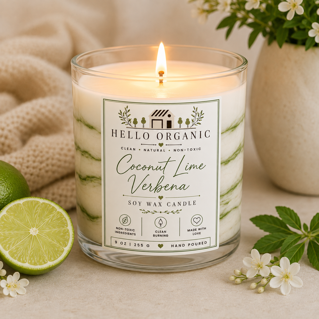 Coconut Lime Verbena Hand Poured Non Toxic Candle 9 oz