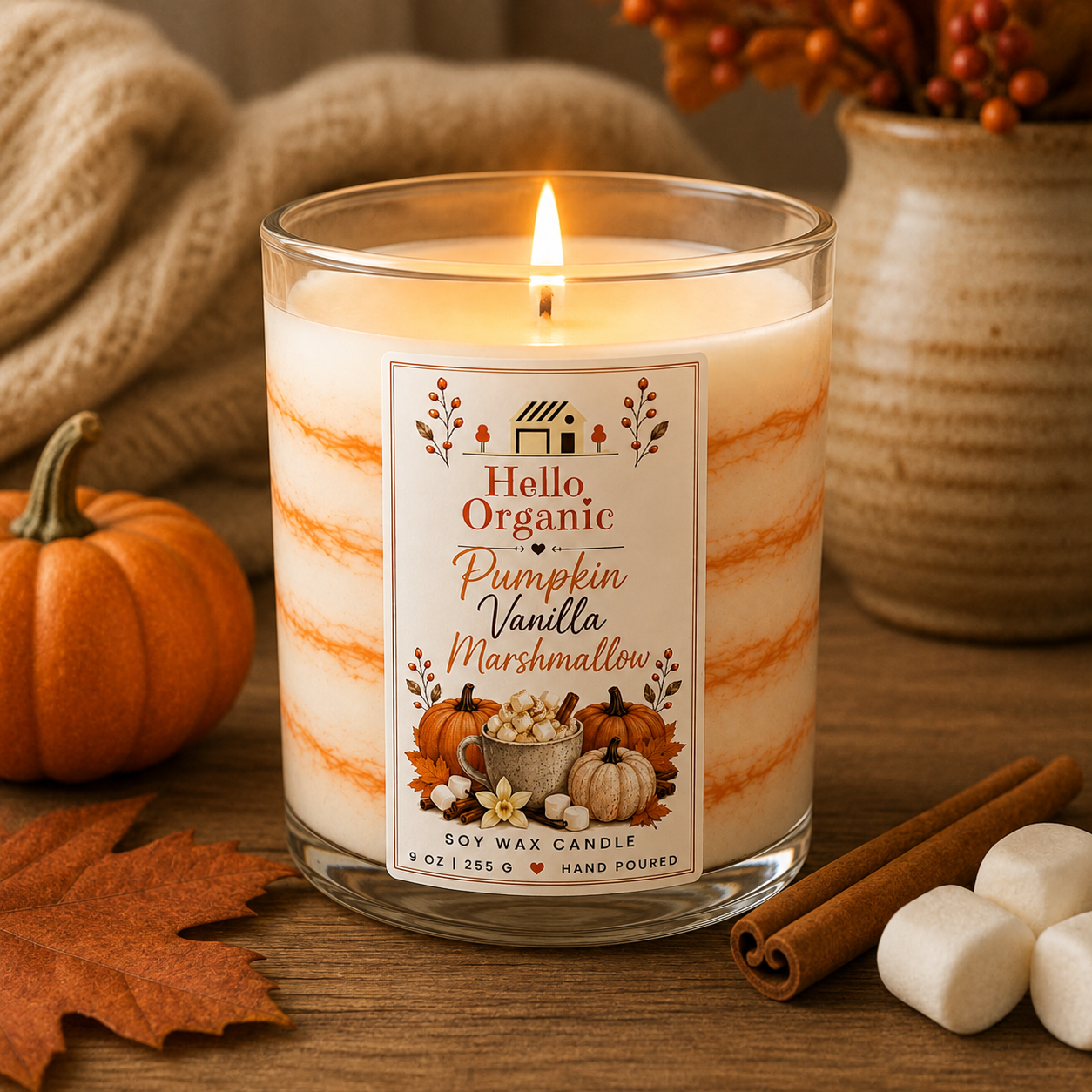 Pumpkin Vanilla Marshmallow Hand Poured Non Toxic Candle 9 oz