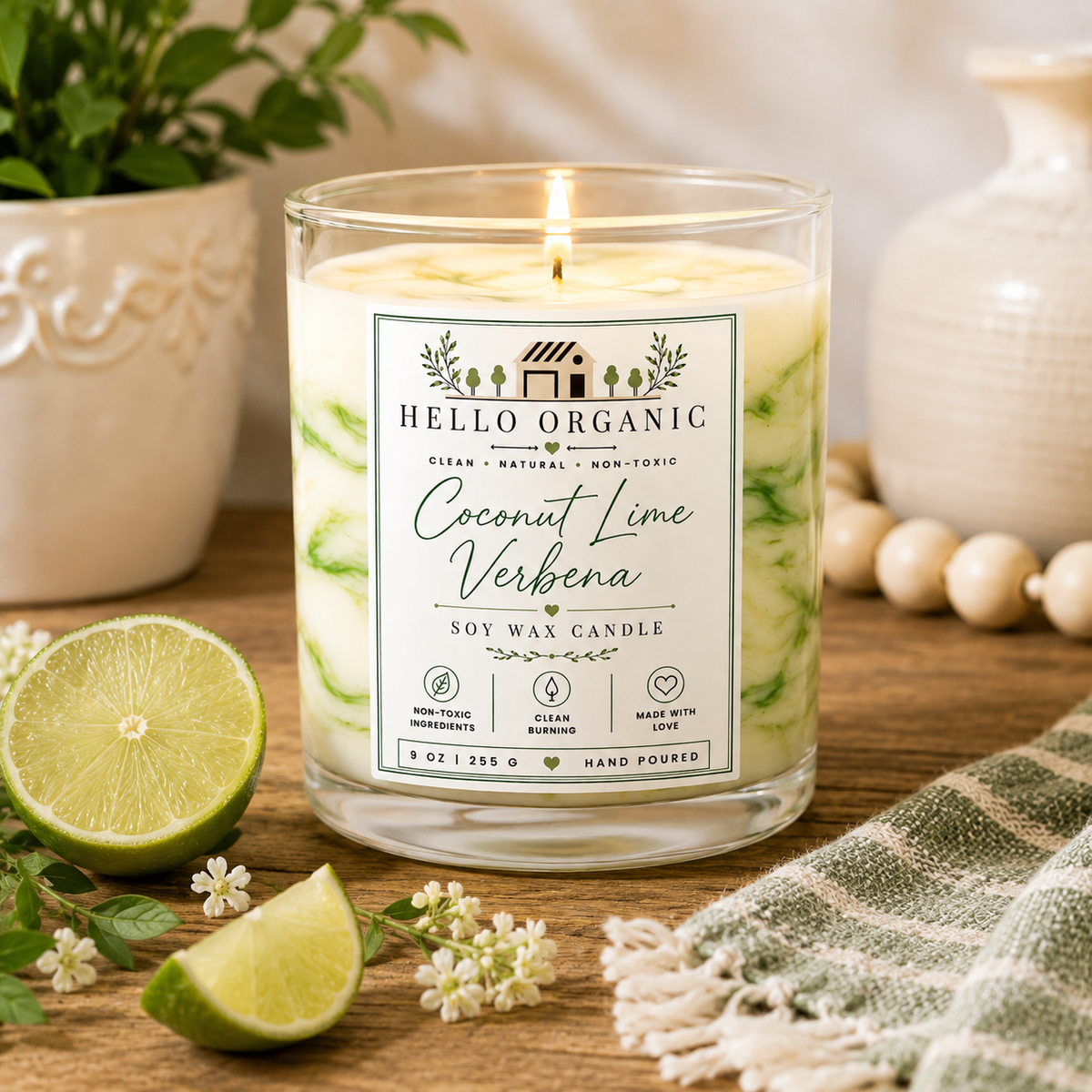Coconut Lime Verbena Hand Poured Non Toxic Candle 9 oz