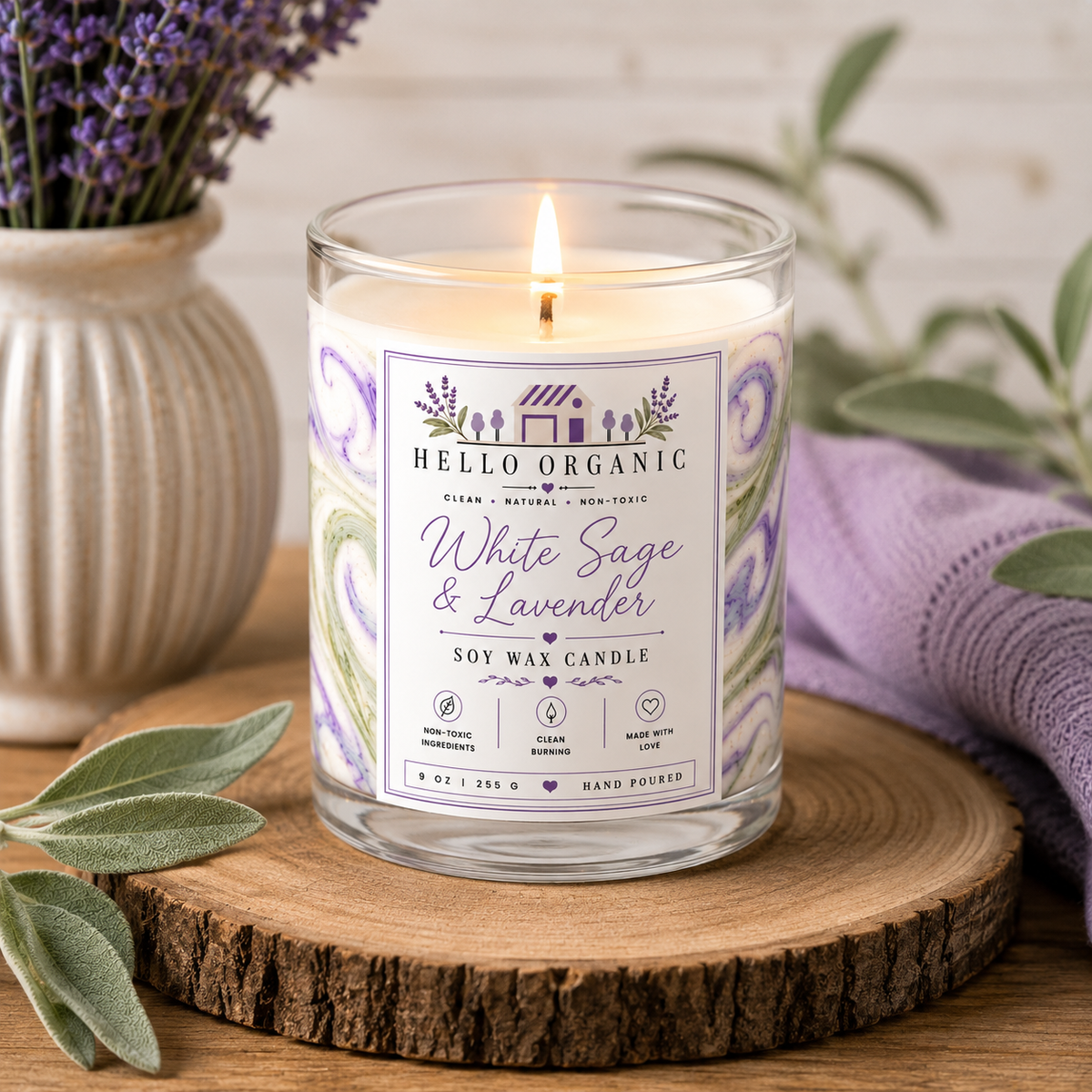 White Sage & Lavender Hand Poured Non Toxic Candle 9 oz
