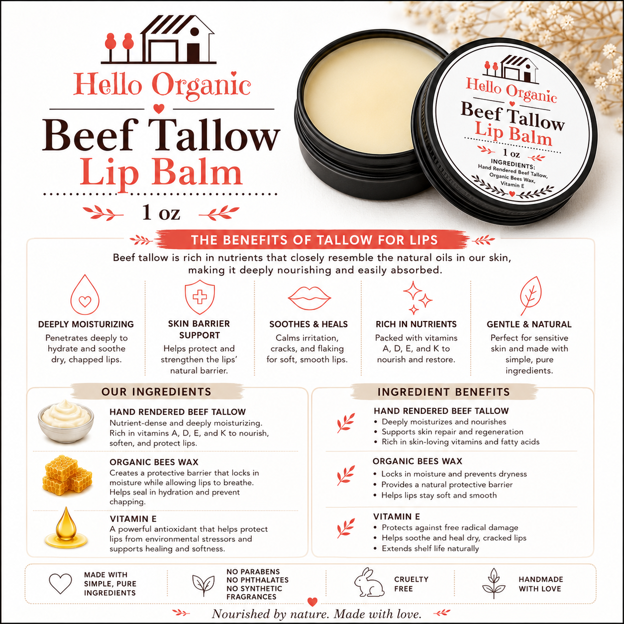 Hello Organic Beef Tallow Lip Repair Balm (1oz)