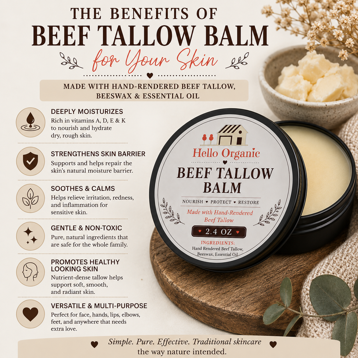 Hello Organic Unscented Beef Tallow Balm (2.4 oz)