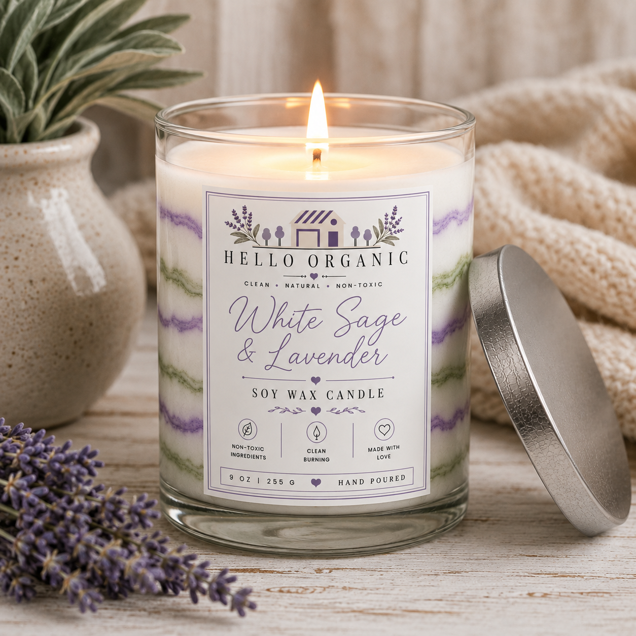 White Sage & Lavender Hand Poured Non Toxic Candle 9 oz