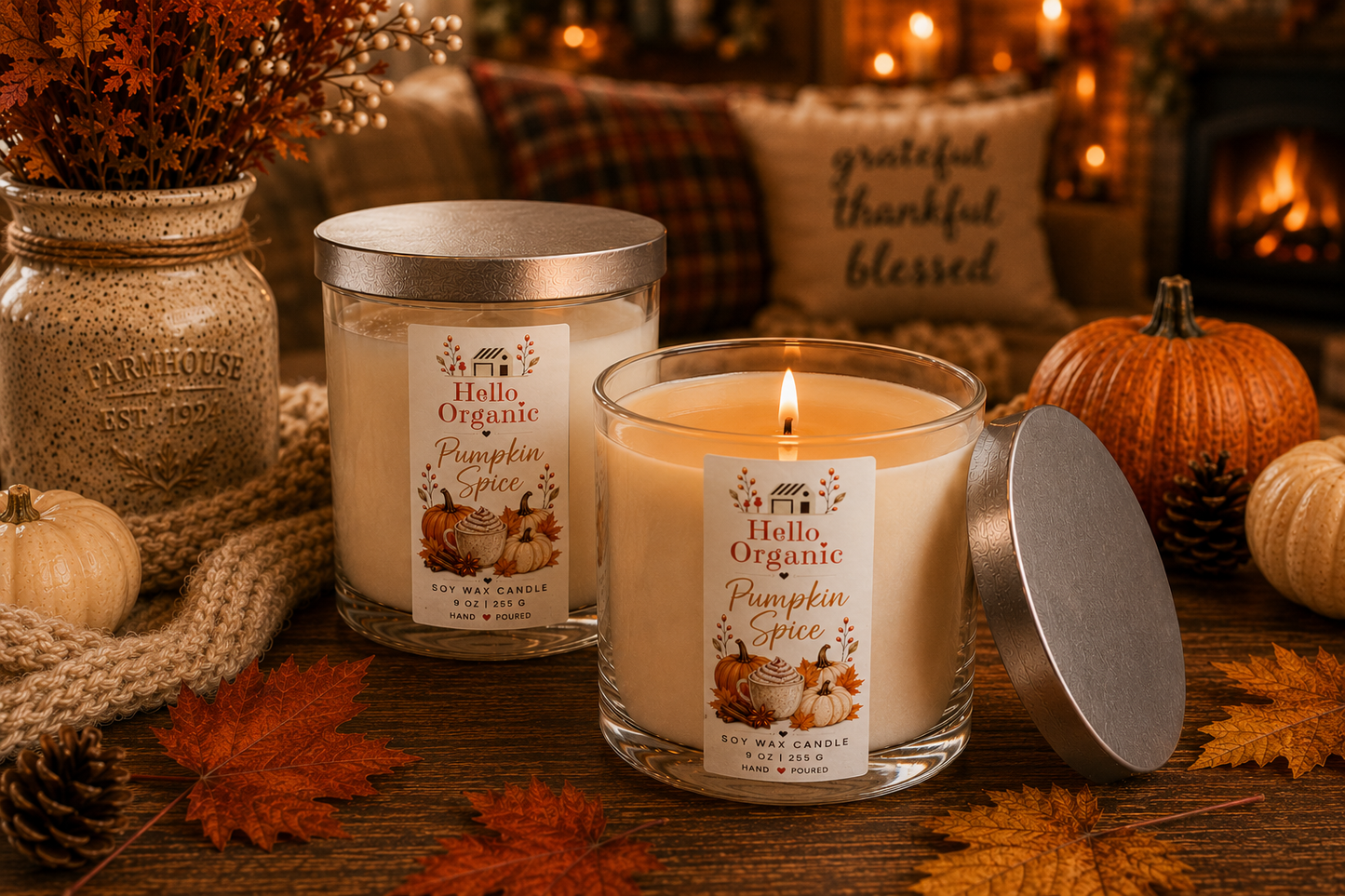 Hello Organic Pumpkin Spice Hand-Poured Non-Toxic Soy Wax Candle – 9 oz