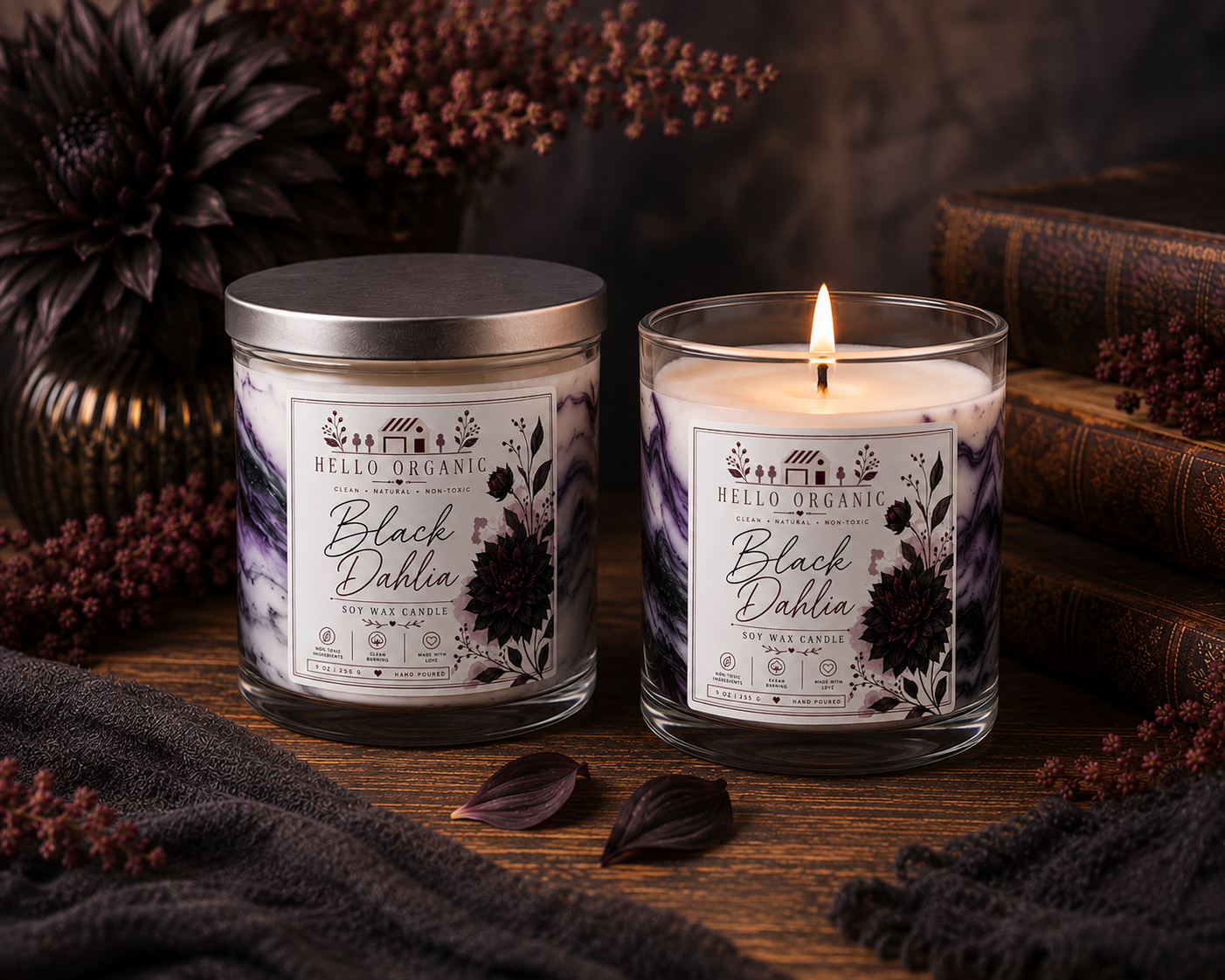 Black Dahlia Hand Poured Non Toxic Candle 9 oz