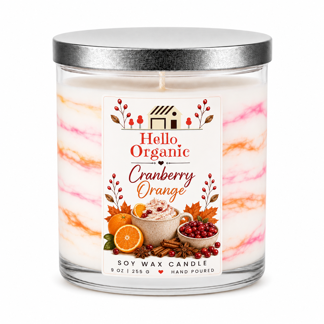 Cranberry Orange Hand Poured Non Toxic Candle 9 oz