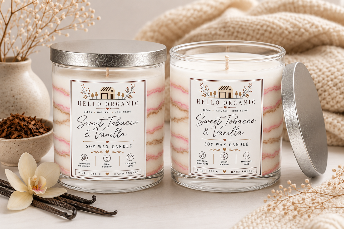 Sweet Tobacco & Vanilla Hand Poured Non Toxic Candle 9 oz