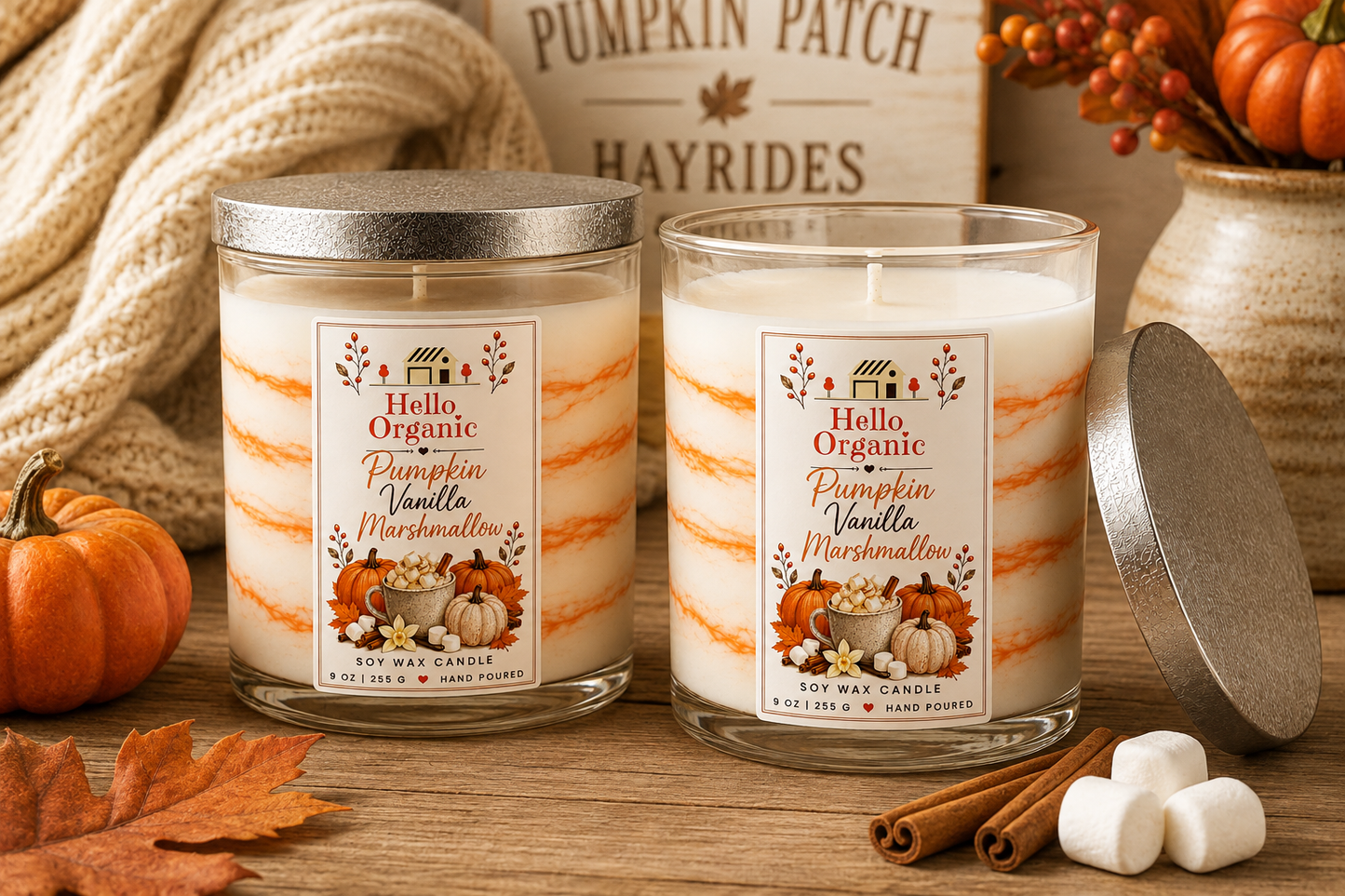 Pumpkin Vanilla Marshmallow Hand Poured Non Toxic Candle 9 oz