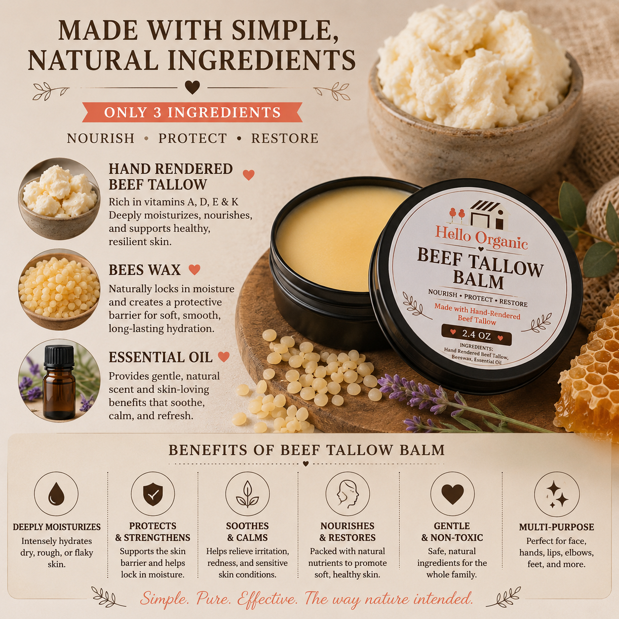 Hello Organic Unscented Beef Tallow Balm (2.4 oz)
