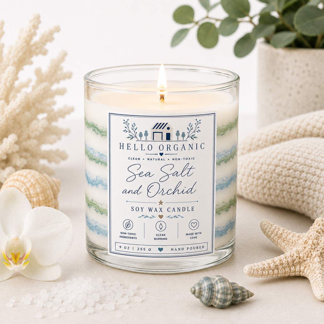 Sea Salt & Orchid Hand Poured Non Toxic Candle 9 oz