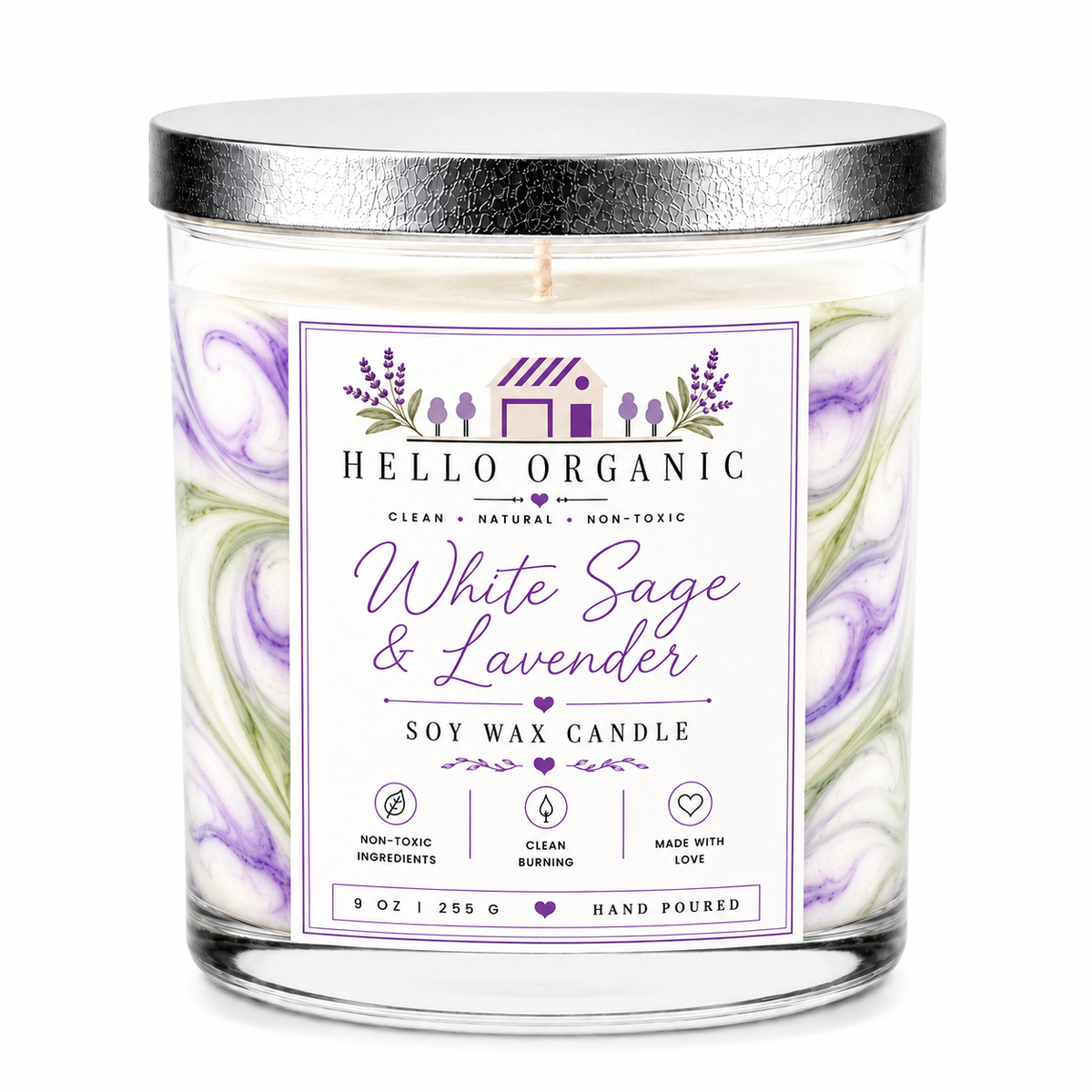 White Sage & Lavender Hand Poured Non Toxic Candle 9 oz