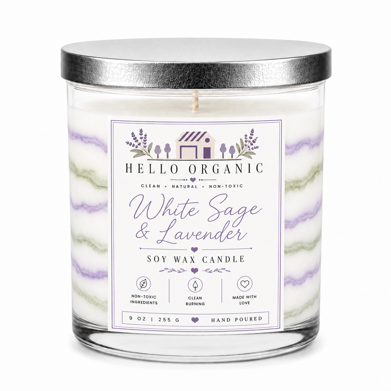 White Sage & Lavender Hand Poured Non Toxic Candle 9 oz